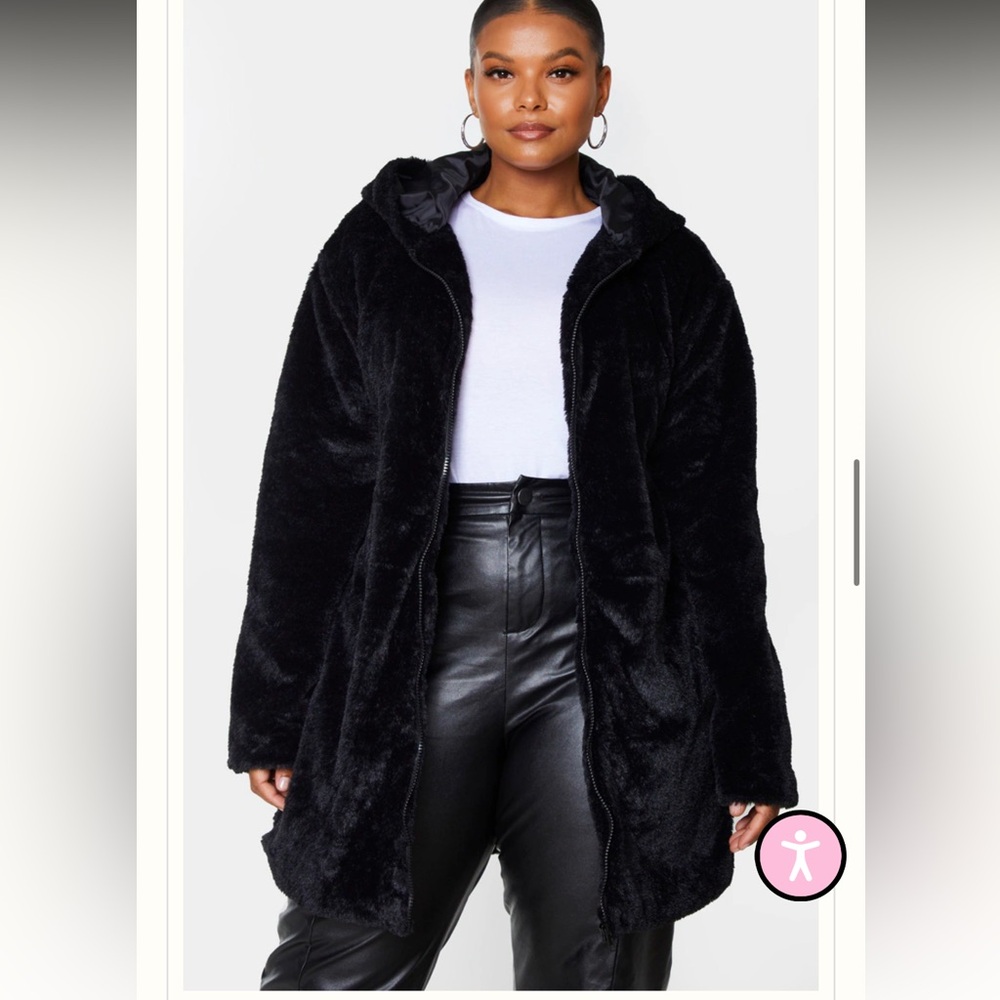 PrettyLittleThing Plus Size Black Hooded Faux Fur Midi Coat - Size: 24